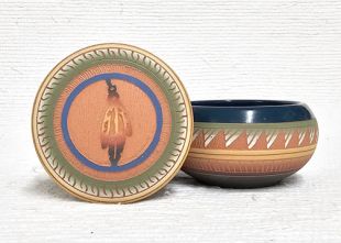 Native American Navajo Red Clay Small Round Jewelry Box with Prayer Feather