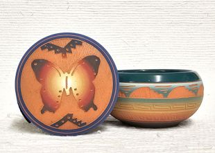 Native American Navajo Red Clay Small Round Jewelry Box with Butterfly