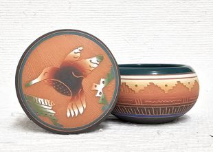 Native American Navajo Red Clay Small Round Jewelry Box with Hummingbird