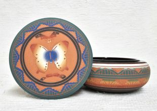 Native American Navajo Red Clay Round Jewelry Box with Butterfly