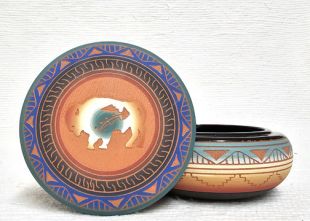 Native American Navajo Red Clay Round Jewelry Box with Buffalo