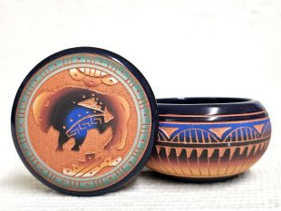Native American Navajo Red Clay Round Jewelry Box with Buffalo