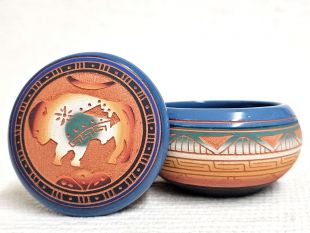 Native American Navajo Red Clay Round Jewelry Box with Buffalo