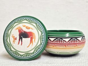 Native American Navajo White Clay Round Jewelry Box with Horse