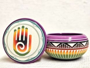 Native American Navajo White Clay Round Jewelry Box with Healing Hand