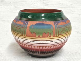 Native American Navajo Red Clay Pot with Buffalo