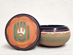 Native American Navajo Red Clay Round Jewelry Box with Healing Hand