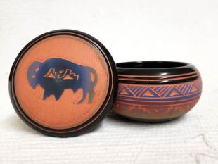 Native American Navajo Red Clay Small Round Jewelry Box with Buffalo
