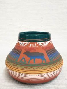 Native American Navajo Red Clay Pot with Elk