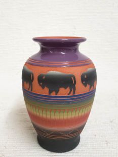 Native American Navajo Red Clay Pot with Buffalo