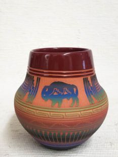 Native American Navajo Red Clay Pot with Buffalo