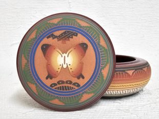 Native American Navajo Red Clay Round Jewelry Box with Butterfly