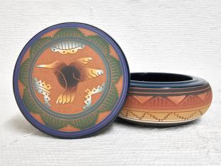 Native American Navajo Red Clay Round Jewelry Box with Hummingbird