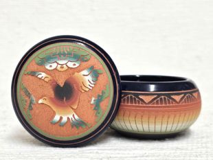 Native American Navajo Red Clay Small Round Jewelry Box with Eagle