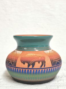 Native American Navajo Red Clay Pot with Buffalo