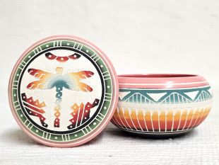 Native American Navajo White Clay Small Round Jewelry Box with Dragonfly