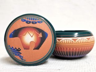 Native American Navajo Red Clay Small Round Jewelry Box with Bear