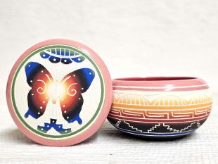 Native American Navajo White Clay Small Round Jewelry Box with Butterfly