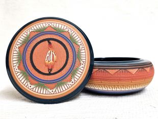 Native American Navajo Red Clay Round Jewelry Box with Prayer Feather