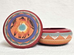 Native American Navajo Red Clay Round Jewelry Box with End of the Trail