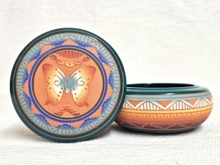 Native American Navajo Red Clay Round Jewelry Box with Butterfly