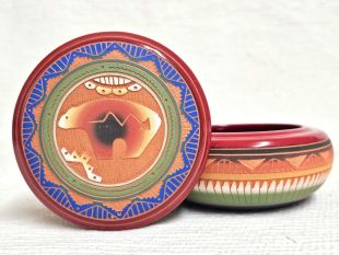 Native American Navajo Red Clay Round Jewelry Box with Bear
