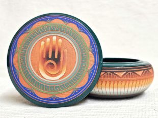 Native American Navajo Red Clay Round Jewelry Box with Healing Hand