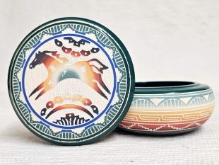 Native American Navajo White Clay Round Jewelry Box with Horse