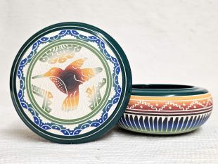 Native American Navajo White Clay Round Jewelry Box with Hummingbird