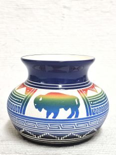 Native American Navajo White Clay Pot with Buffalo