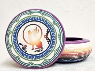 Native American Navajo White Clay Round Jewelry Box with Coyote