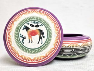 Native American Navajo White Clay Round Jewelry Box with Horse