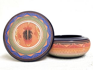 Native American Navajo Red Clay Round Jewelry Box with Prayer Feather