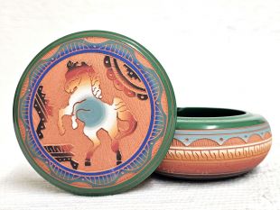 Native American Navajo Red Clay Round Jewelry Box with Horse