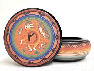 Native American Navajo Red Clay Round Jewelry Box with Kokopelli