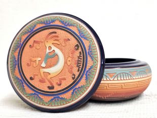 Native American Navajo Red Clay Round Jewelry Box with Kokopelli