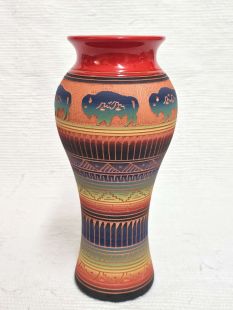 Native American Navajo Red Clay Vase with Buffalo