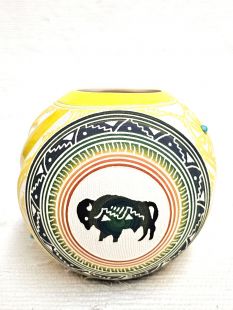 Native American Navajo White Clay Twist Pot with Buffalo and Healing Hand