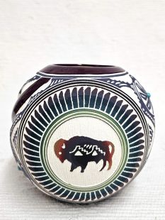 Native American Navajo White Clay Twist Pot with Buffalo and Healing Hand