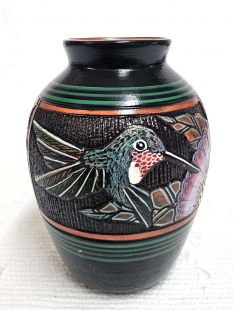 Native American Navajo Red Clay Pot with Hummingbird