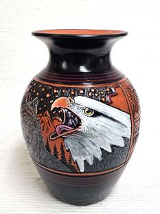 Native American Navajo Red Clay Pot with Eagle and Wolf