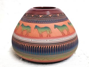 Native American Navajo Red Clay Pot with Horses