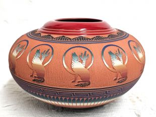 Native American Navajo Red Clay Pot with Coyote