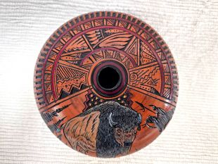 Native American Navajo Red Clay Seed Pot with Buffalo