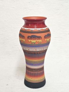 Native American Navajo Red Clay Vase with Buffalo