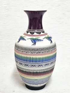 Native American Navajo White Clay Vase with Hummingbirds