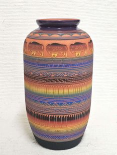 Native American Navajo Red Clay Vase with Buffalo