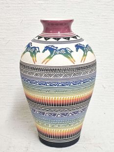 Native American Navajo White Clay Vase with Horses