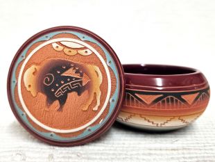 Native American Navajo Red Clay Small Round Jewelry Box with Buffalo
