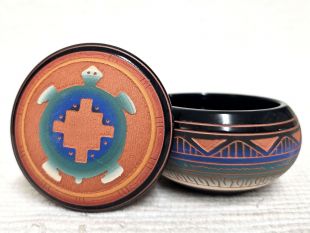 Native American Navajo Red Clay Round Jewelry Box with Turtle